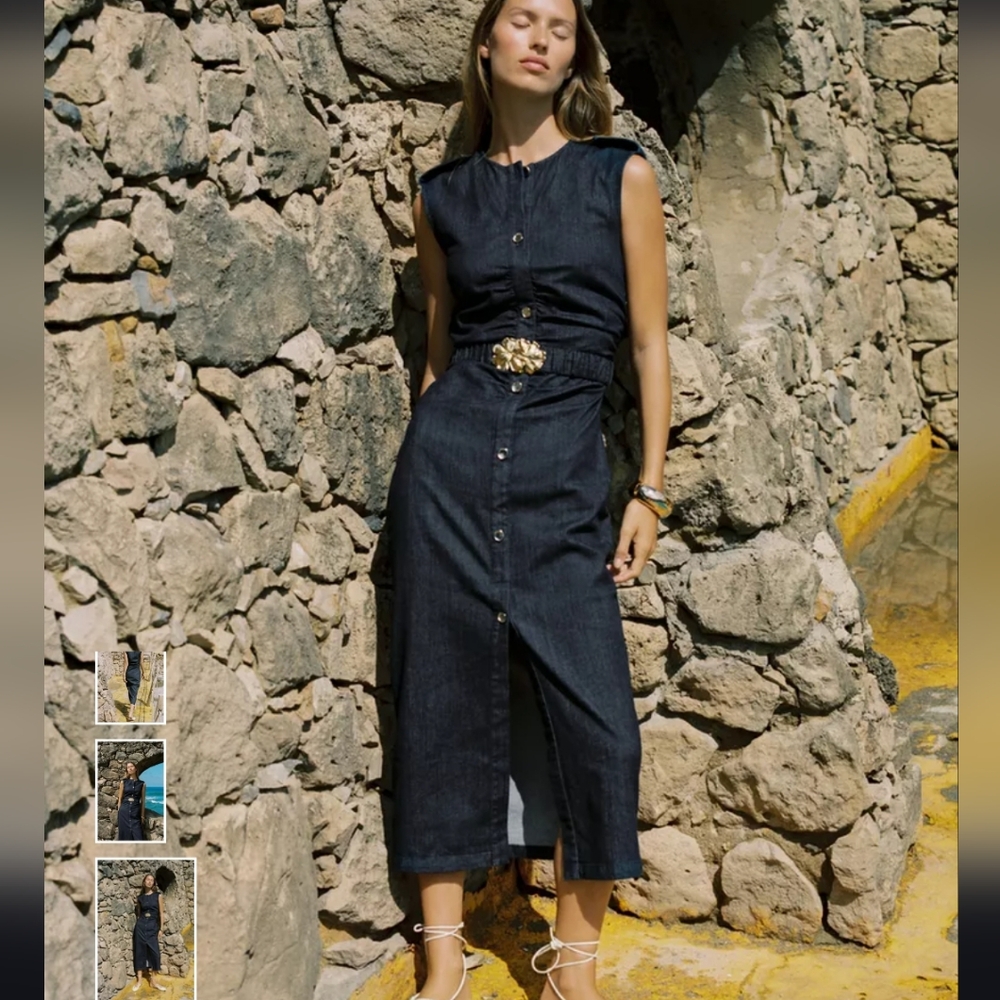 Zara Dark Blue Denim Midi Dress with Gold Accents